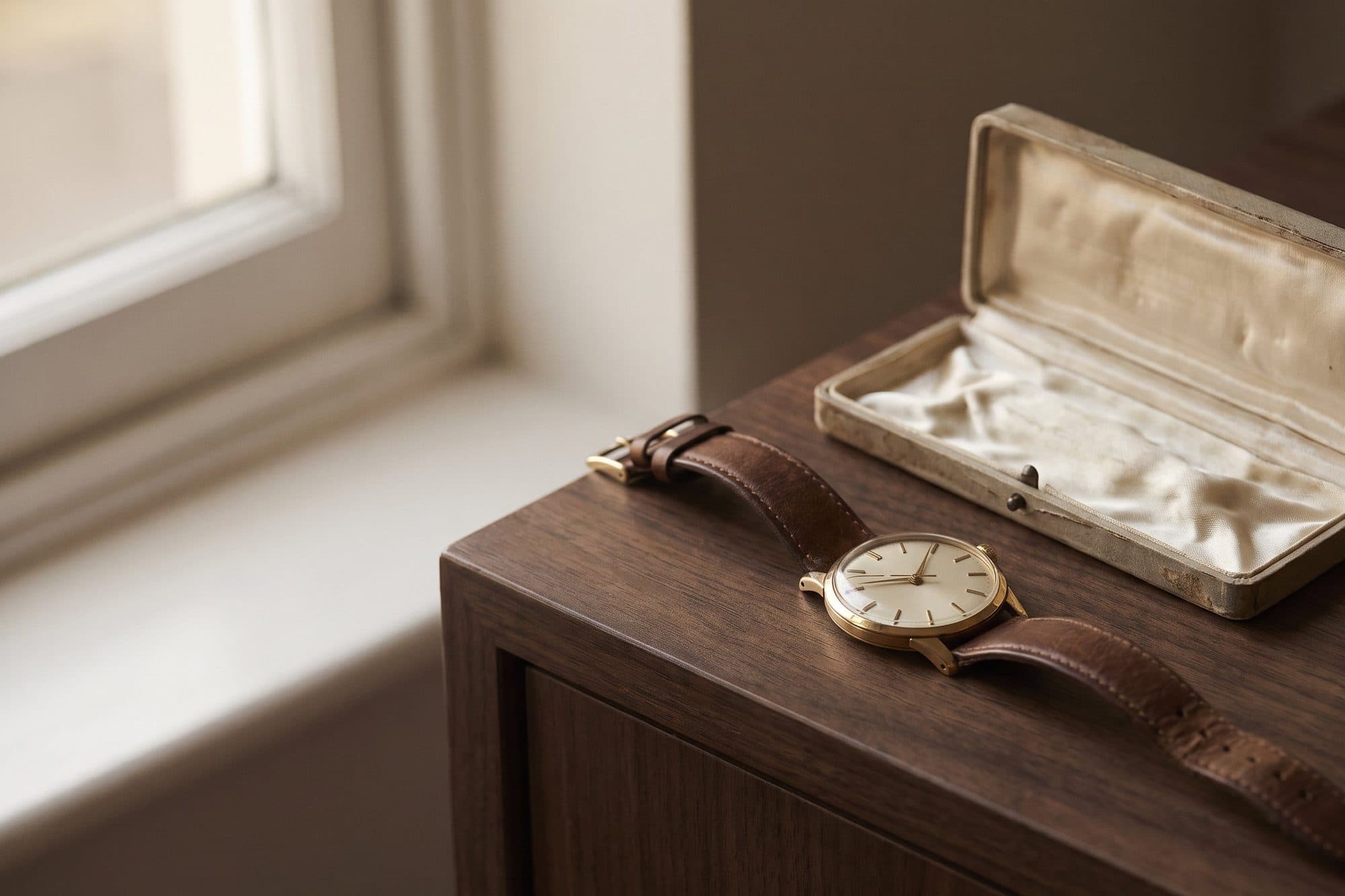 A gold wristwatch on a brown leather strap beside its open presentation case, on a wooden chest of drawers by a window.