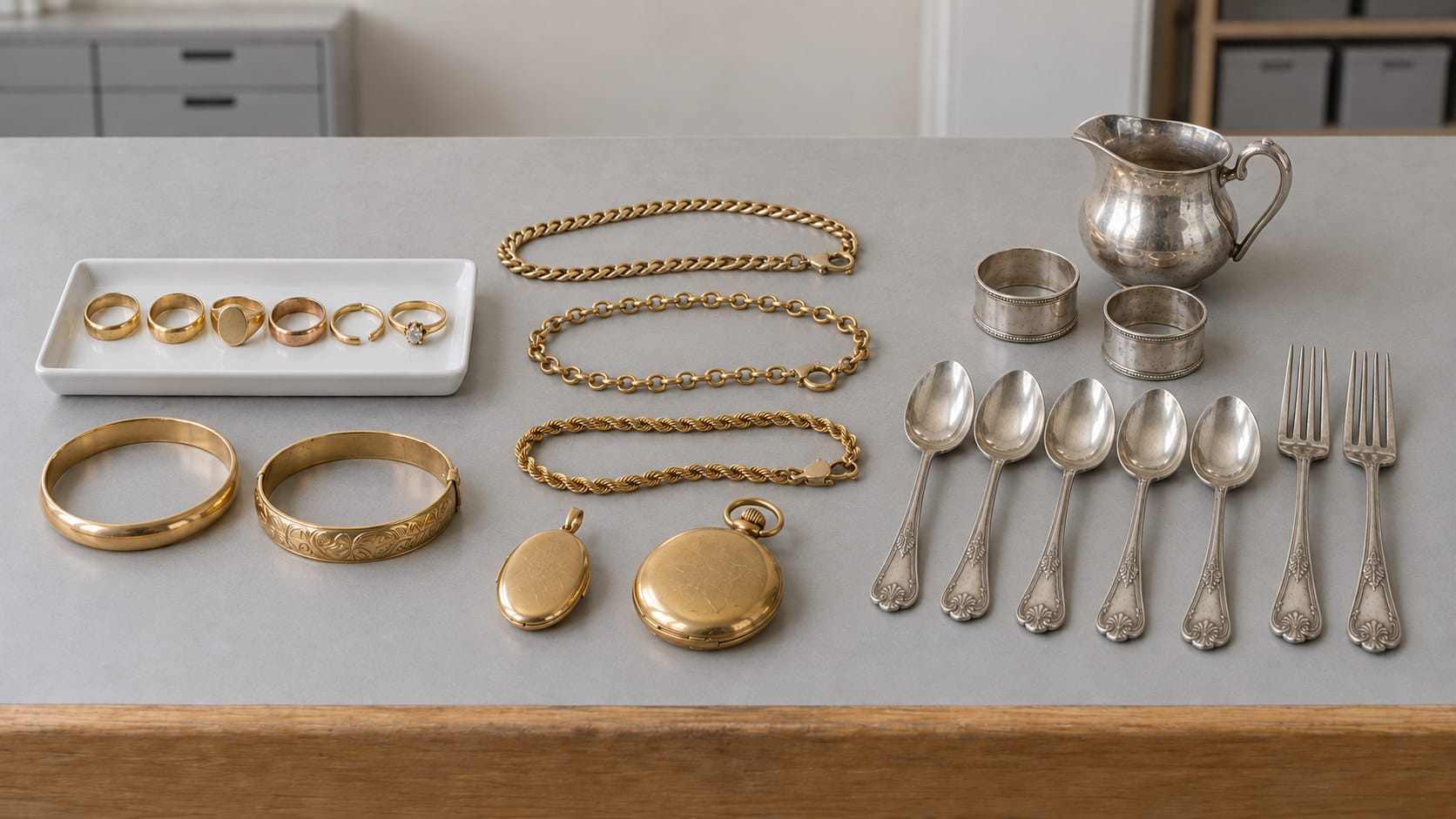 A broad mixed lot laid out on a pale grey workbench: gold rings in a white porcelain tray, two gold bangles, three gold chains each in its own loop, a gold locket and a gold pocket watch, with silver teaspoons, forks, napkin rings and a cream jug to the right.