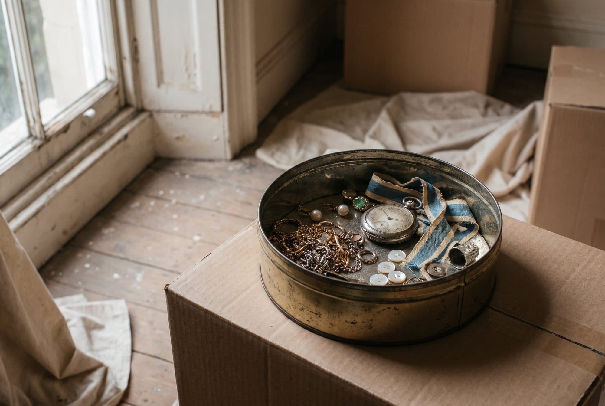 An old round biscuit tin full of chain, beads, buttons, ribbon and a pocket watch, on a cardboard box in an emptied room.