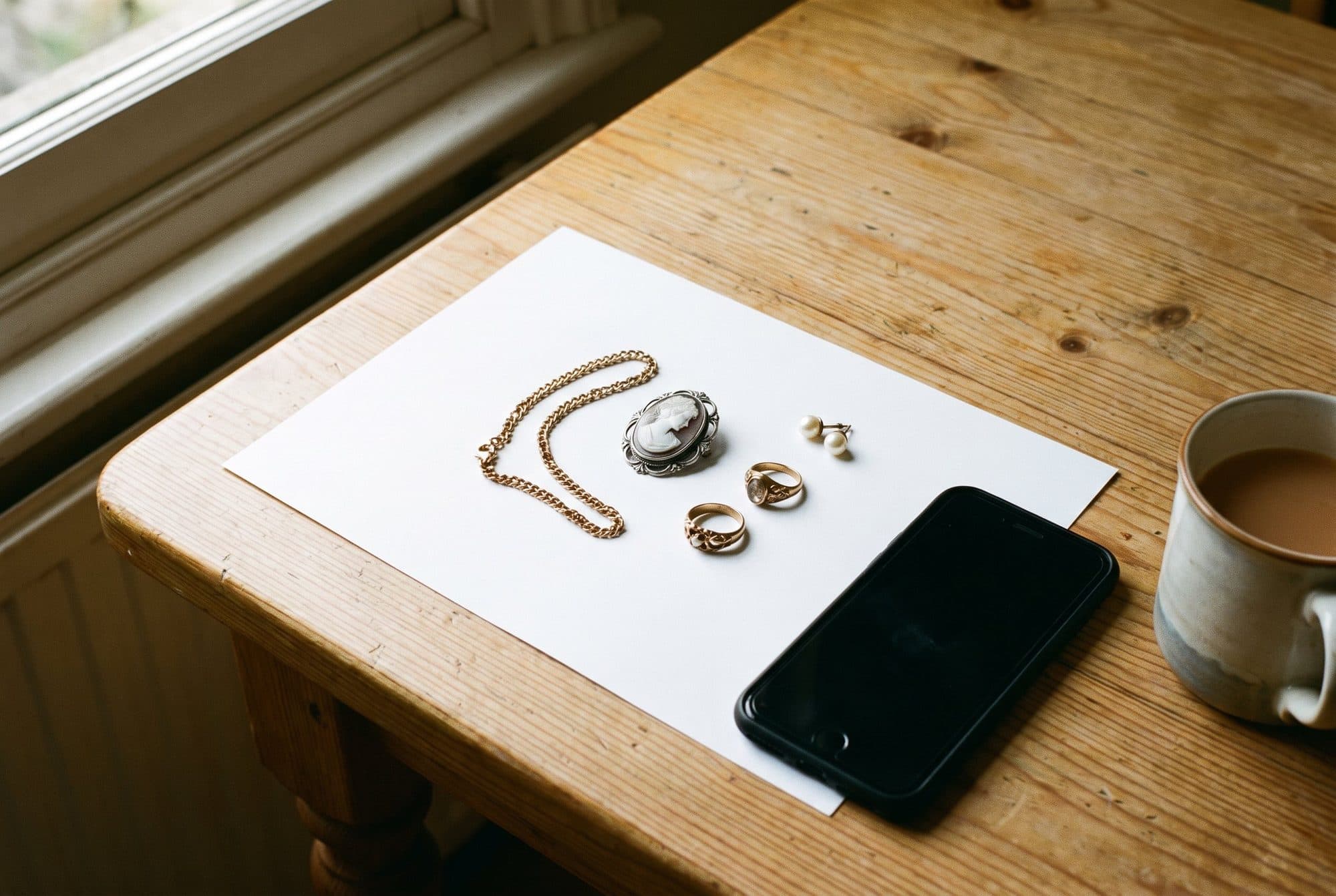 Jewellery laid out on a sheet of white paper on a pine kitchen table, with a phone and a mug of tea beside it.
