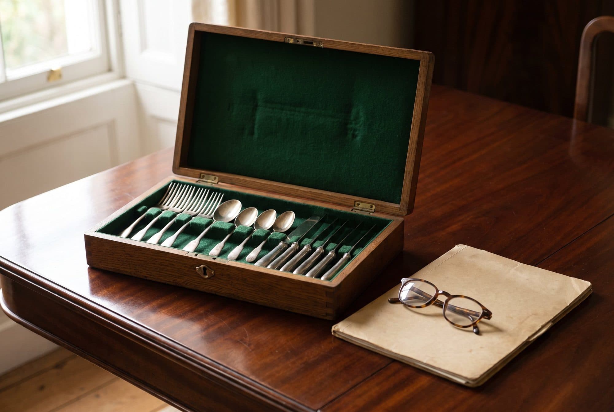 An open wooden canteen of cutlery lined in green baize on a mahogany table, beside a notebook with a pair of reading glasses on it.