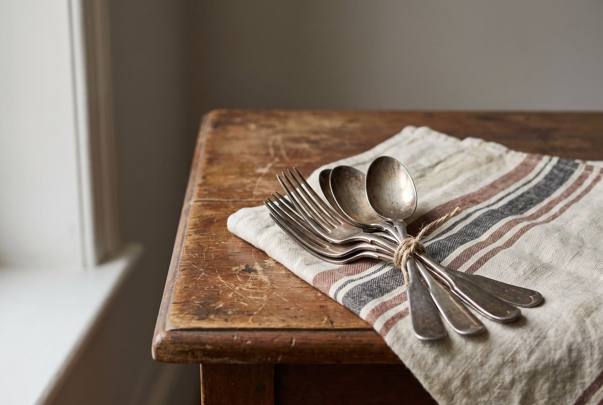 A bundle of old forks and spoons tied with string, lying on a striped linen cloth at the corner of a wooden table.